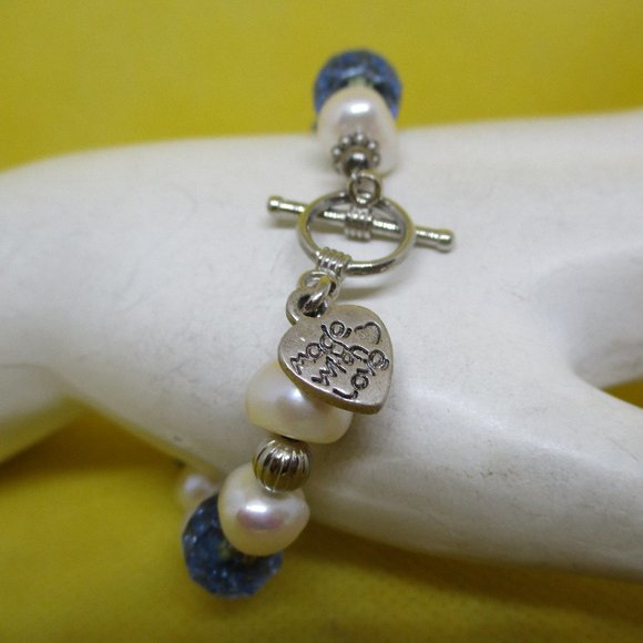 Genuine FRESH WATER PEARL Blue Faceted Crystal Bracelet Large Black Faceted Bead - Picture 11 of 13